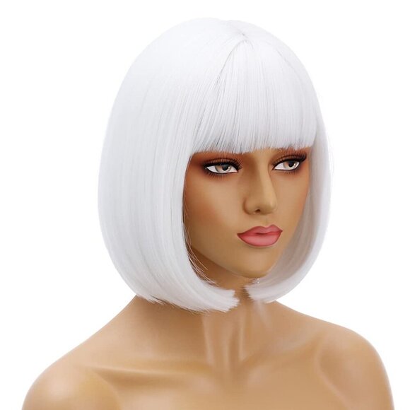 White Wigs for Women 12'' Short White Bob Wig with Bangs Natural Synthetic Soft - Picture 1 of 7